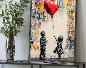 Lienzo con grafiti de Banksy: Niña con globo en forma de corazón - Impresión de arte urbano callejero