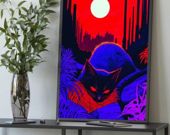 Neon Cyberpunk Cat Canvas: Futuristic Feline Wall Art