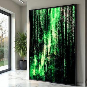 Peut inclure: Impression numérique encadrée avec un motif abstrait vert et noir. L'œuvre d'art est orientée verticalement et affiche un motif de type matrice de caractères verts sur un fond sombre. L'impression est exposée dans un cadre intérieur moderne.