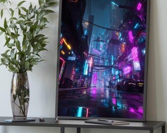 Cyberpunk Neon Street Canvas: Sci-Fi Futuristisk Stadsväggkonst