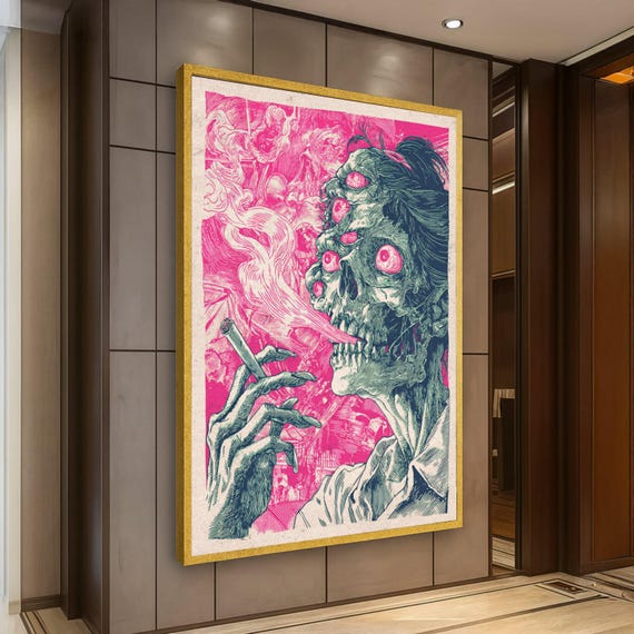 Surreal Multi-eyed Skull Smoking Canvas, Psychedelic Horror Wall
