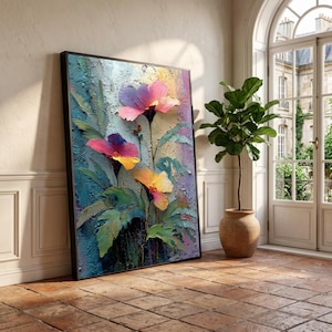 Vibrant Floral Oil Texture Canvas Art, Colorful Abstract Garden Painting, Textured Wall Decor image 6
