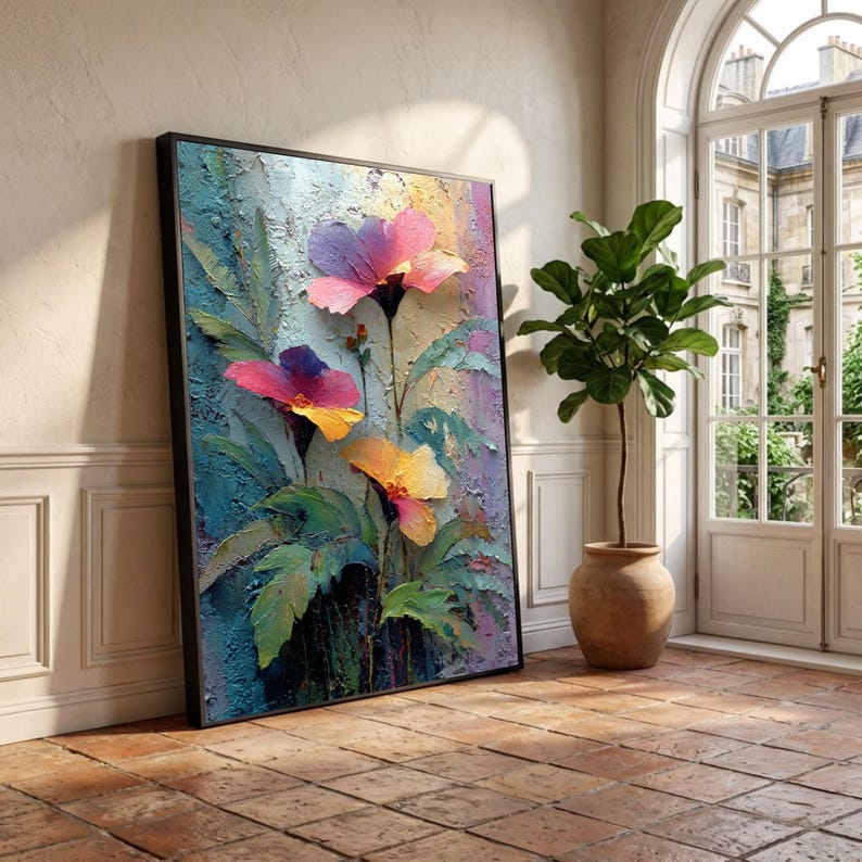 Vibrant Floral Oil Texture Canvas Art, Colorful Abstract Garden Painting, Textured Wall Decor image 6