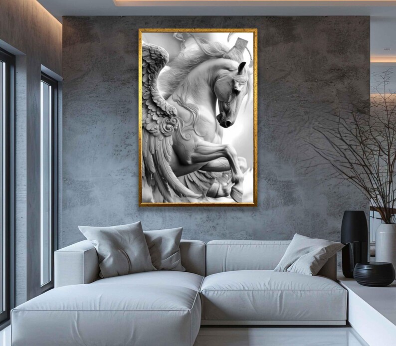 May include: A framed black and white artwork depicting a winged horse, possibly Pegasus, in a dynamic pose. The artwork is set against a neutral background, with a gold-colored frame. The image is a detailed sculpture, adding a touch of classical art to the room.