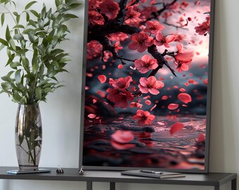 Cherry Blossom Canvas – Dark Red Sakura Wall Art, Japanese Floral Painting, Romantic Botanical Decor