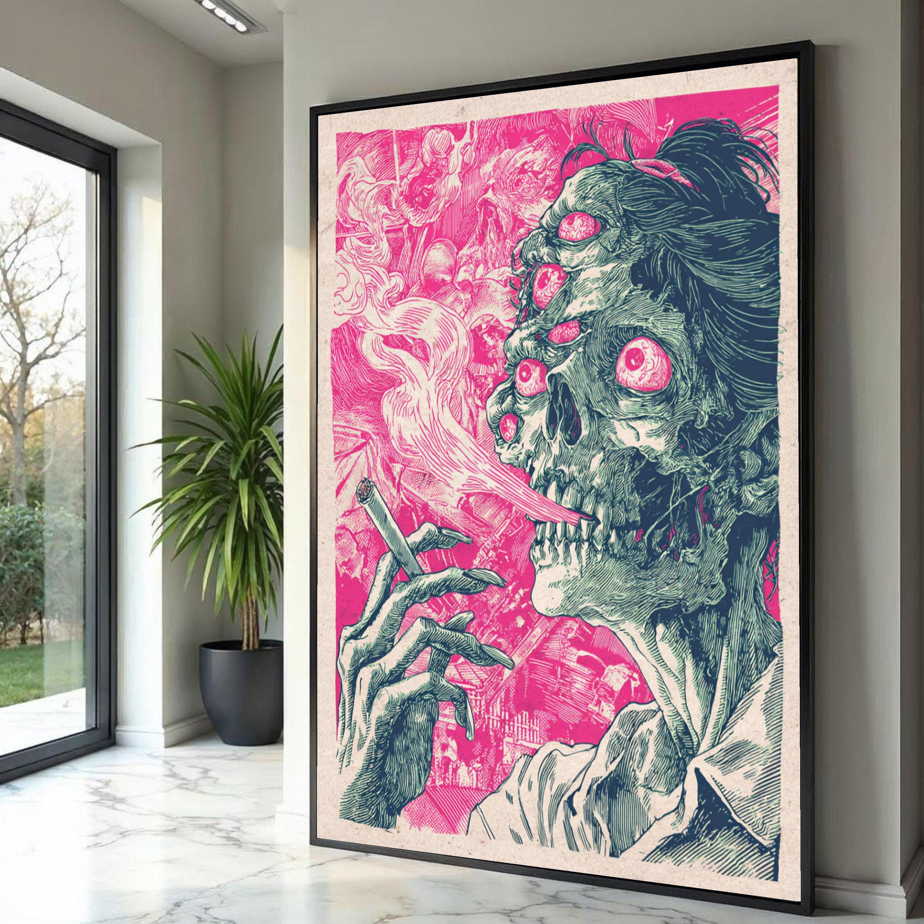 Surreal Multi-eyed Skull Smoking Canvas, Psychedelic Horror Wall