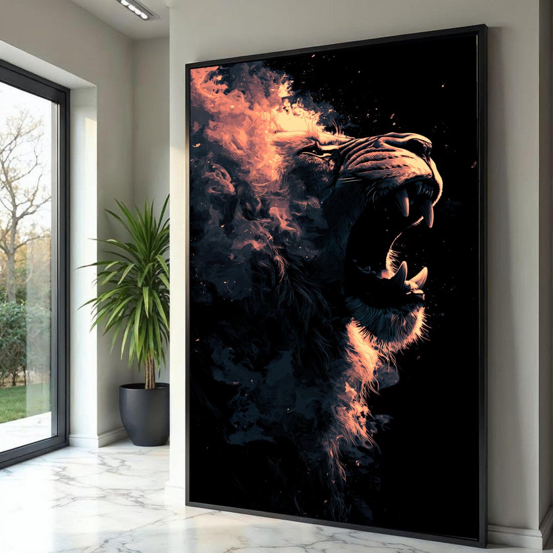 Fiery Roaring Lion Canvas Art, Abstract Animal Wall Decor, Dramatic ...