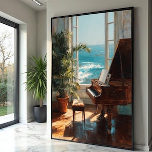 May include: A framed painting depicts a grand piano in a room with a view of the ocean. The piano is brown, with a music sheet on the stand. A potted plant sits near the window. The ocean is blue with white waves.