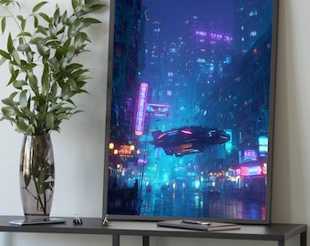 Cyberpunk Neon City Canvas Art: Futuristic Sci-Fi Gamer Decor