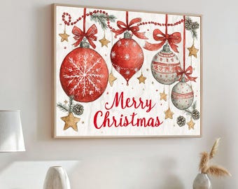 Canvas muurkunst kerstversieringen – print feestelijke rode en gouden kerstballen, decor vrolijk kerstfeest