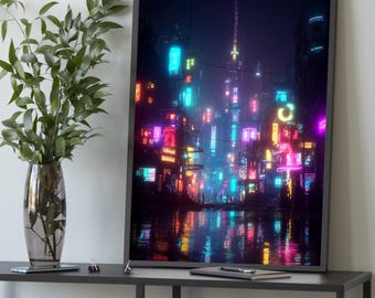 Cyberpunk Neon City Canvas Art: Futuristic Sci-Fi Gamer Decor