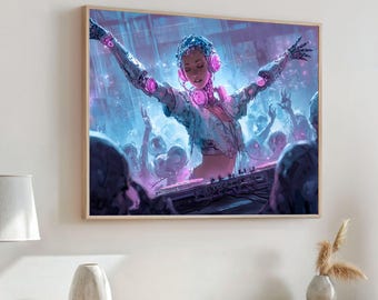 Cyberpunk DJ Canvastavla: Futuristisk robot, neonmusik, sci-fi-dekor