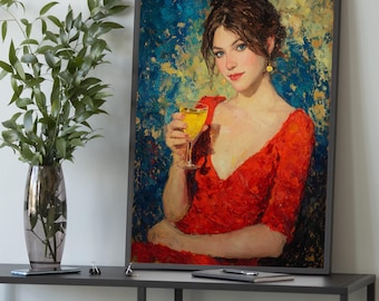Canvas rode jurk vrouw portret: elegante muurkunst in olieverfstijl