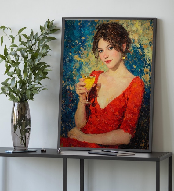 Red Dress Woman Portrait Canvas: Elegant Oil Painting Style Wall Art