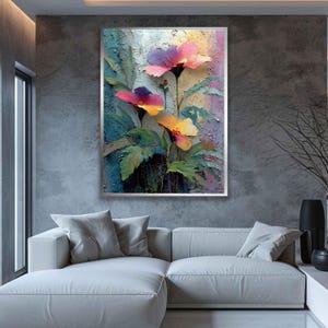 Vibrant Floral Oil Texture Canvas Art, Colorful Abstract Garden Painting, Textured Wall Decor image 8
