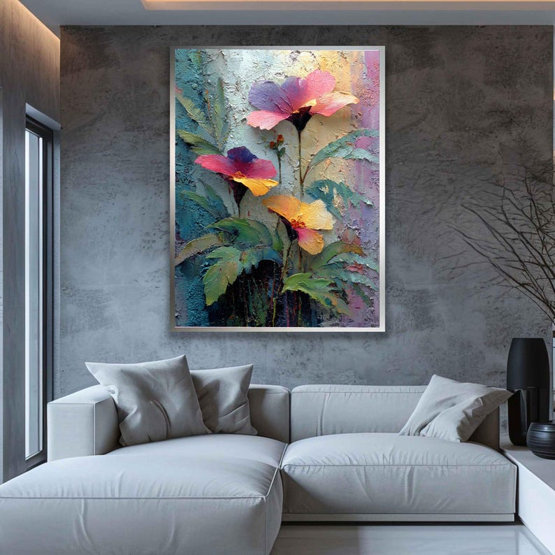 Vibrant Floral Oil Texture Canvas Art, Colorful Abstract Garden Painting, Textured Wall Decor image 8