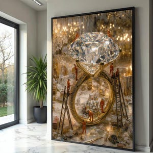 May include: A framed art print depicts a giant diamond ring with a large, sparkling gemstone. Miniature figures in orange jumpsuits are working on the ring, adding to the whimsical, fantasy theme. The ring is gold-colored, set against a detailed background.