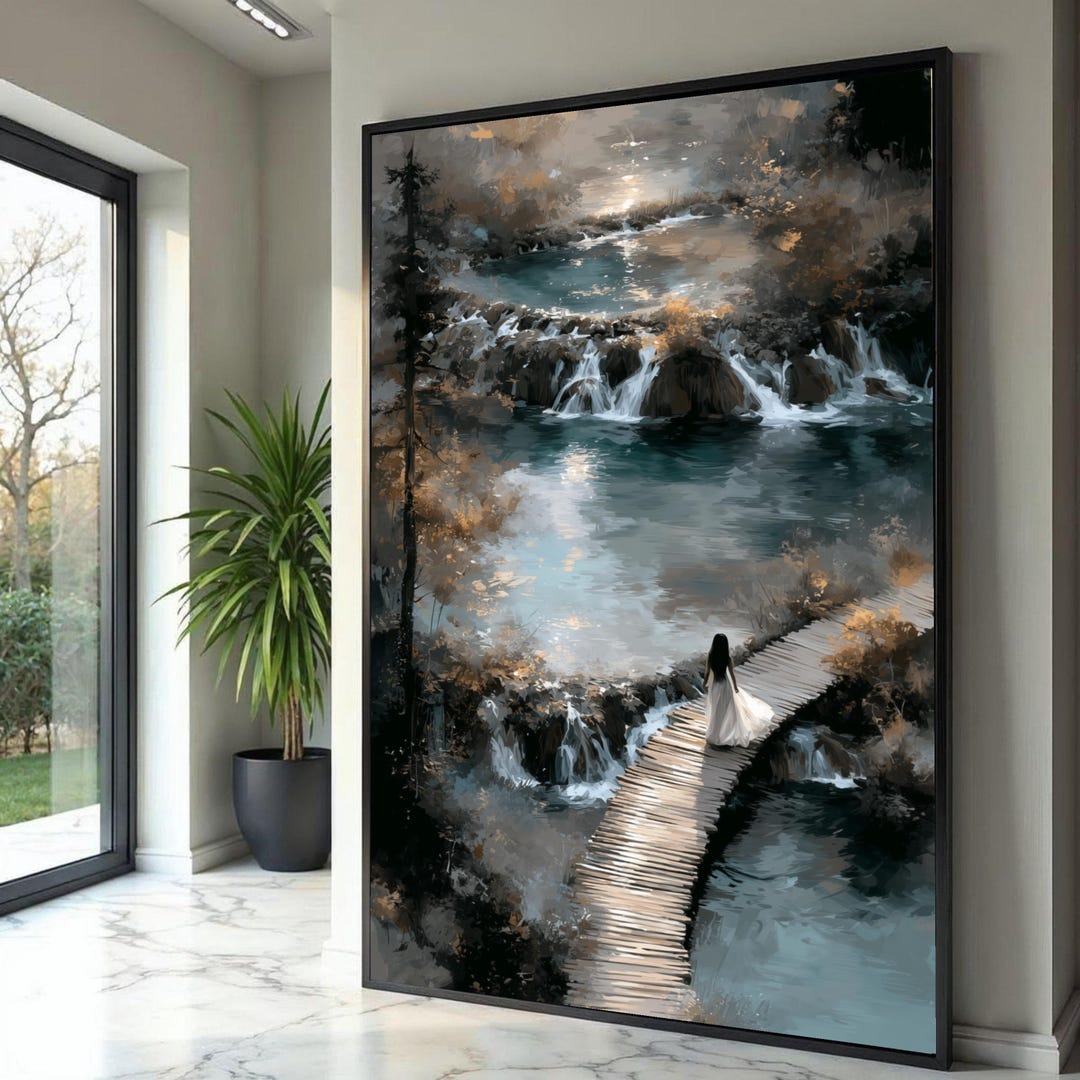 Enchanted Forest Path Canvas Print, Waterfall Landscape Wall Art ...
