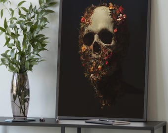 Gotische schedel met bloemen canvas muurkunst – Donkere fantasie macabere schilderij