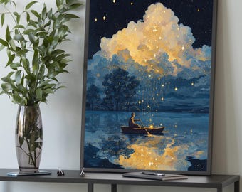 Canvas Sterrennachtboot – Surrealistische fantasiemuurkunst, dromerige meerposter, decor magische lucht
