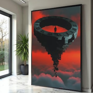 May include: A framed art print featuring a surreal scene with a large clock-like structure floating in a red sky. A silhouetted figure stands on the clock's surface. The artwork has a dark, dramatic aesthetic.
