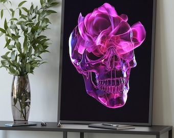 Lienzo de calavera de neón con rosa rosa: decoración abstracta moderna gótica