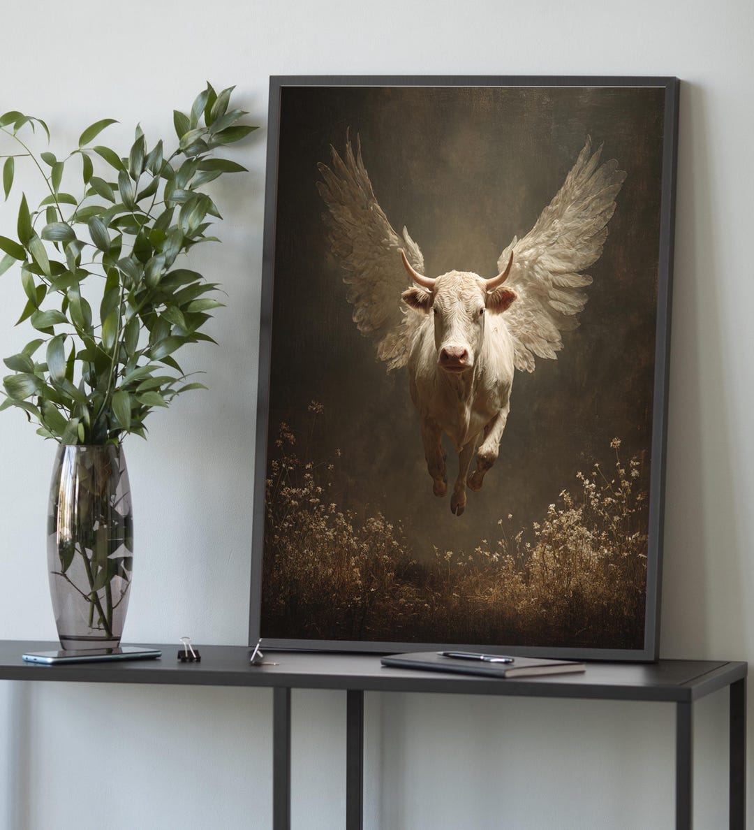 Winged Cow Canvas – Surreal Flying Bull Wall Art, Mythical Animal ...
