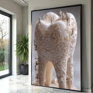 May include: A framed artwork featuring a large, detailed tooth with intricate, swirling patterns. Miniature figures are positioned on the tooth, some on ladders and scaffolding, suggesting construction or repair. The tooth is off-white, set against a soft background.