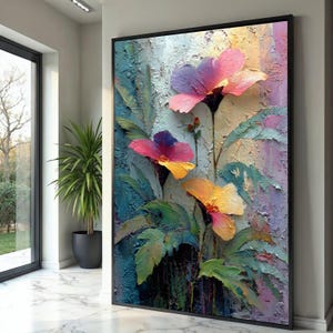 Vibrant Floral Oil Texture Canvas Art, Colorful Abstract Garden Painting, Textured Wall Decor image 1