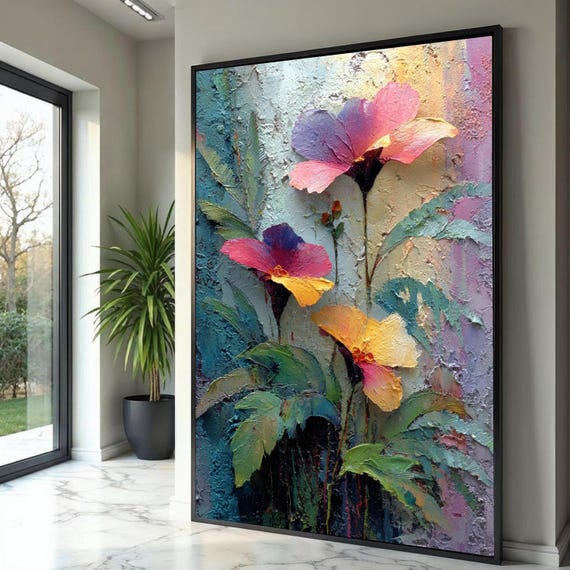 Vibrant Floral Oil Texture Canvas Art, Colorful Abstract Garden Painting, Textured Wall Decor