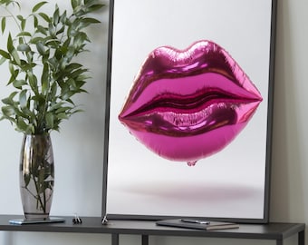 Lienzo con globos y labios rosados de estilo pop art: decoración de pared elegante y femenina.