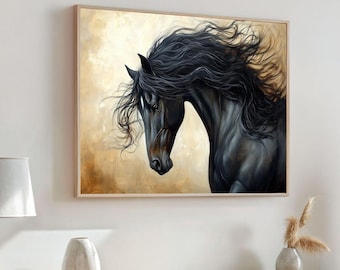 Black Horse Canvas – Majestic Stallion Wall Art, Rustic Farmhouse Painting, Equestrian Animal Home Decor