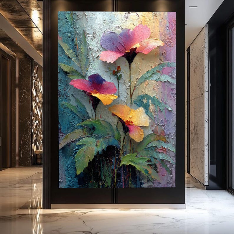 Vibrant Floral Oil Texture Canvas Art, Colorful Abstract Garden Painting, Textured Wall Decor image 3