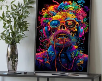 Art mural en toile crâne psychédélique avec casque – Musique abstraite au néon, ambiance