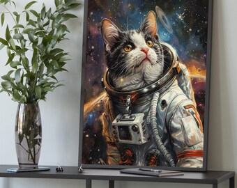 Astronaut Cat Canvas Art: Funny Space Animal Painting