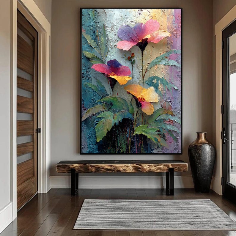 Vibrant Floral Oil Texture Canvas Art, Colorful Abstract Garden Painting, Textured Wall Decor image 4