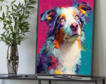 以下が含まれることがあります： 犬のカラフルな抽象画が描かれた、額入りのアートプリント。ピンク、青、黄色、オレンジの鮮やかな筆致で犬の顔と毛並みが描かれています。犬の目は黄色で、背景はピンクとティールです。