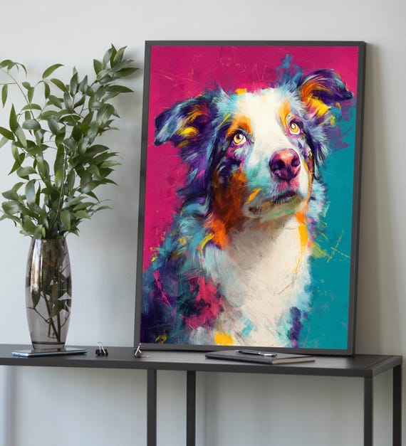 カラフルな犬のキャンバス：抽象的なポップアートのペットの肖像画