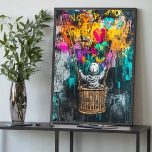 Toile graffiti Banksy : garçon avec des ballons coeur