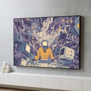 May include: Framed art print depicting a person with a computer monitor for a head, seated at a desk with a keyboard. The artwork features a yellow shirt, surrounded by vintage computers and swirling purple and white imagery.