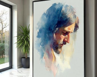 Cuadro en acuarela de Jesús contemplativo, decoración espiritual cristiana para el hogar.