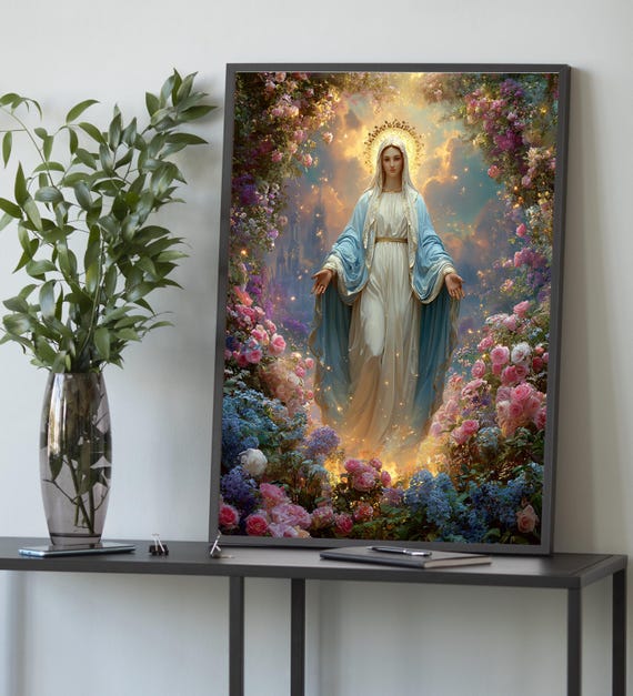 聖母マリアの花のキャンバス – キリスト教の壁画、神聖な宗教画、聖母