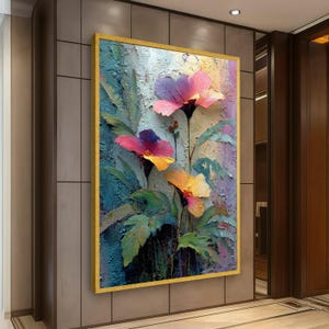 Vibrant Floral Oil Texture Canvas Art, Colorful Abstract Garden Painting, Textured Wall Decor image 2