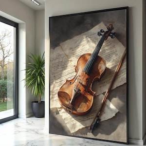 May include: A framed artwork featuring a detailed depiction of a violin and bow resting on aged sheet music. The violin is a warm brown color, with a dark fingerboard and strings. The artwork is set against a neutral background, with soft lighting.