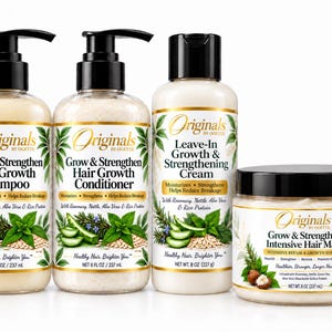 Könnte beinhalten: Vier Haarpflegeprodukte von Originals by Ogette: Shampoo, Conditioner, Leave-in-Creme und eine intensive Haarmaske. Jede Flasche und jeder Tiegel ist mit botanischen Illustrationen und Etiketten mit 237 ml oder 227 g Inhalt versehen.