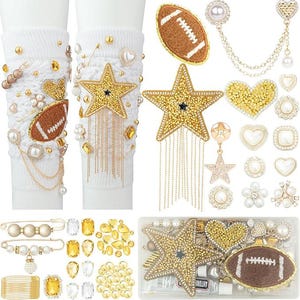 May include: An assortment of craft supplies including white leg warmers embellished with gold stars, pearls, and football-shaped patches. Additional embellishments include gold and pearl accents, rhinestones, and a variety of decorative pins.