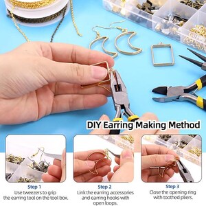 May include: A DIY earring making kit featuring gold-tone moon charms, rectangular frames, jewelry pliers, and assorted metal findings in a divided storage box. The image includes instructional text labeled Step 1, Step 2, and Step 3.