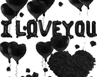 Black Heart Balloons & Rose Petals Set | Romantic Anniversary Valentine Decor