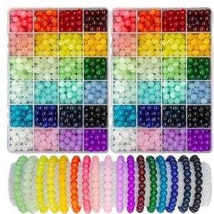 May include: Two plastic storage containers filled with colorful beads in various shades of red, orange, yellow, green, blue, purple, and white. Below are several beaded bracelets in matching colors. Ideal for jewelry making and crafting.