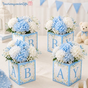 Baby Shower Flower Boxes: Blue Floral Centerpieces for Tables